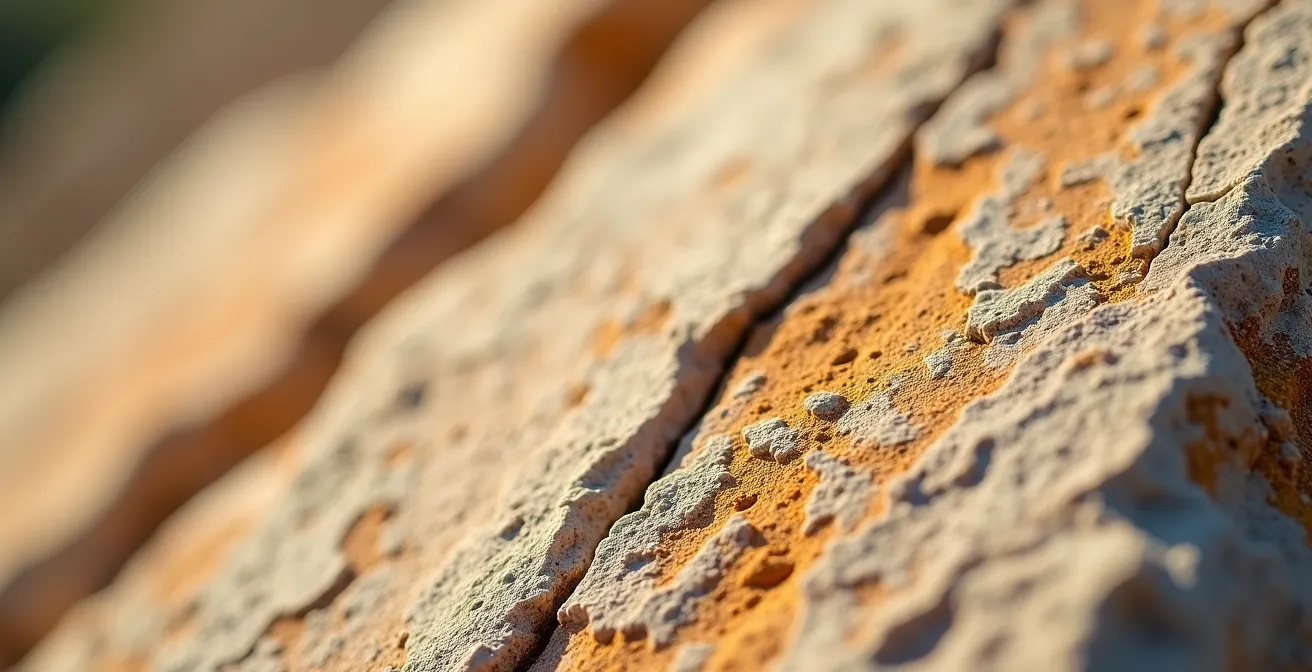 Détail macro de pierre calcaire typique du Vaucluse avec patine naturelle