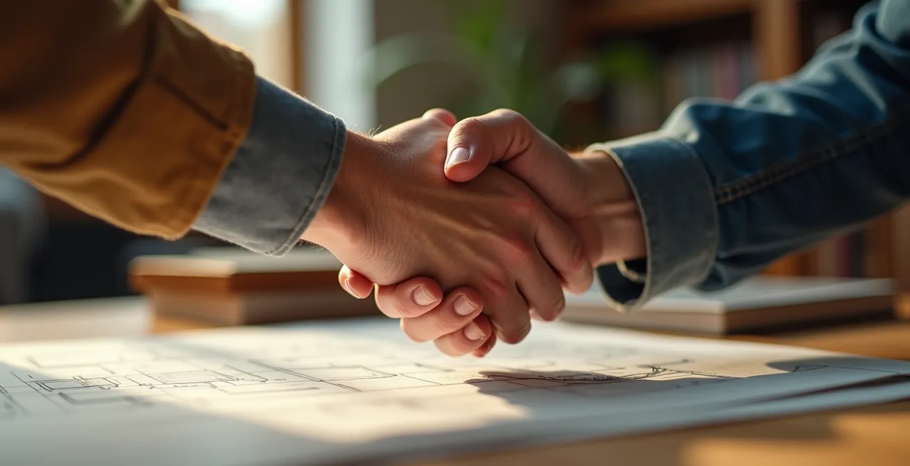 Mains professionnelles échangeant une poignée de main ferme au-dessus d'un plan de façade