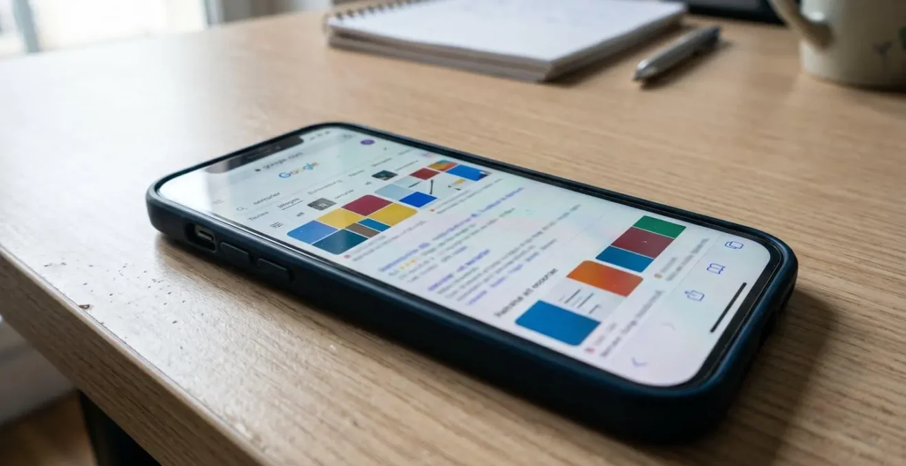 Gros plan sur un smartphone moderne posé sur une table blanche, écran affichant une recherche Google floue avec le mot serrurier à peine lisible, main floue en arrière-plan