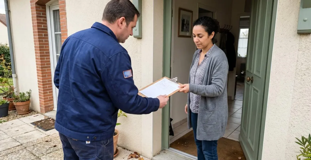 Artisan serrurier en tenue de travail propre montrant un document à un propriétaire devant une porte d'entrée moderne en plein jour, échange professionnel sans regard caméra