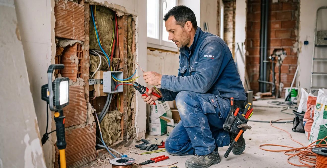 Électricien installant le câblage électrique dans une cloison ouverte pendant des travaux de rénovation