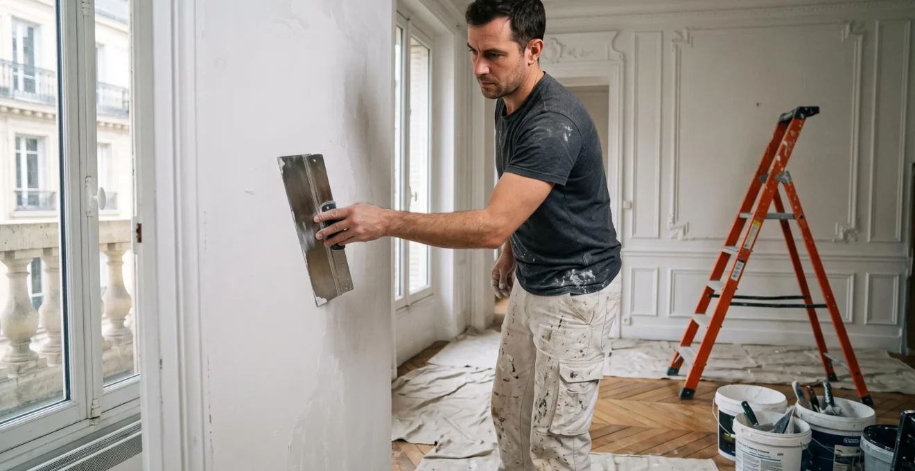 Peintre professionnel appliquant un enduit blanc sur un mur intérieur lors d'une rénovation d'appartement