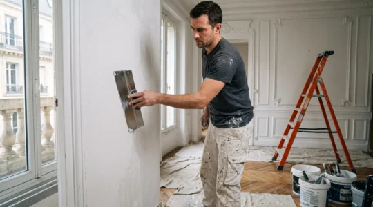 Peintre professionnel appliquant un enduit blanc sur un mur intérieur lors d'une rénovation d'appartement