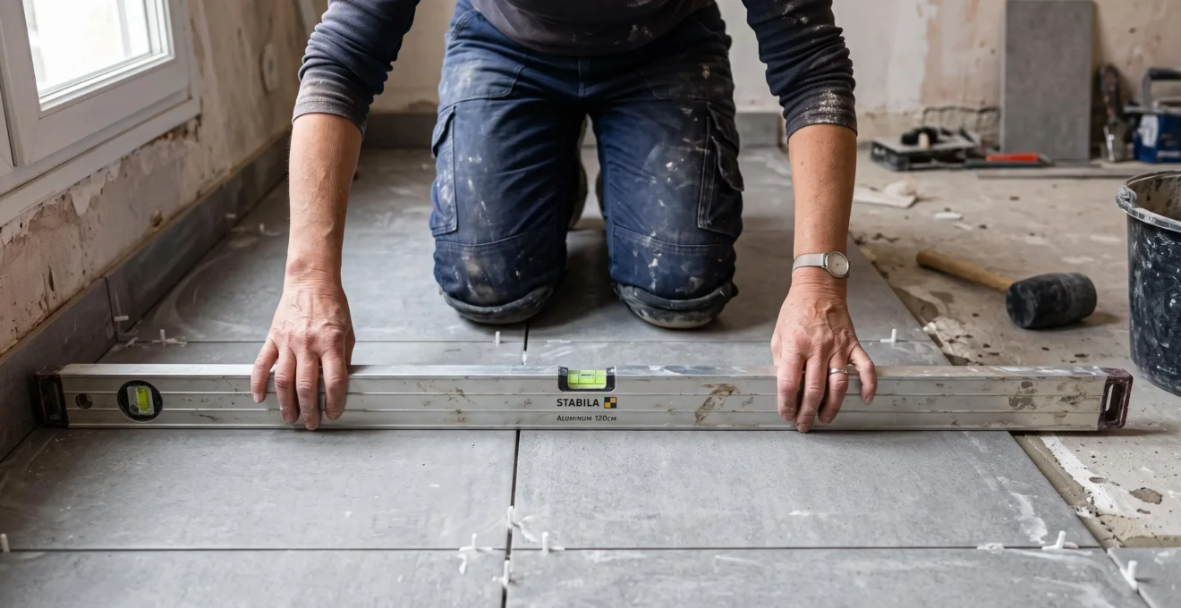 Mains d'artisan utilisant un niveau à bulle pour vérifier l'alignement parfait de carrelage fraîchement posé